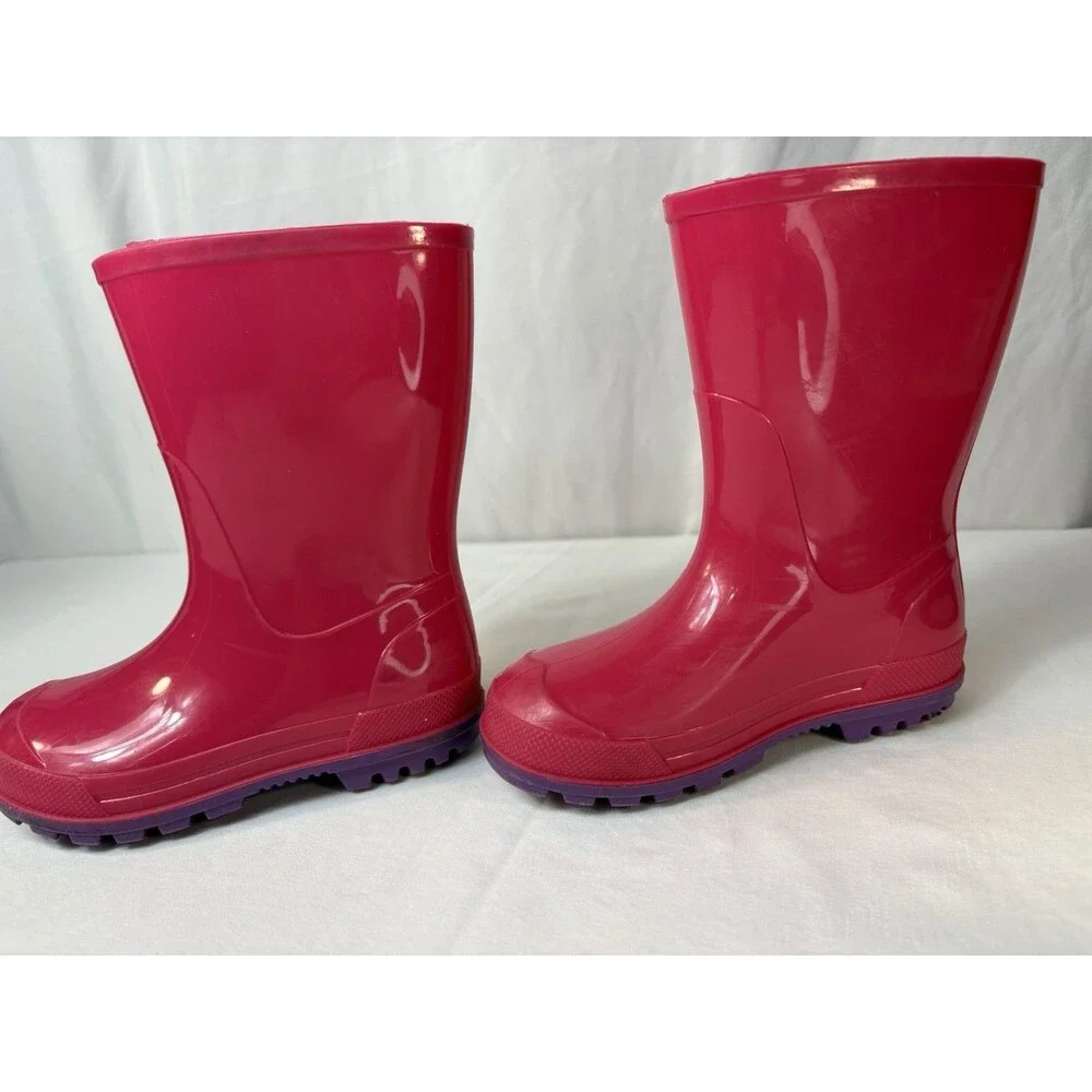 Kids Pink Rubber Rain Boots Purple Sole Mid-Calf Pull On Size 7-8